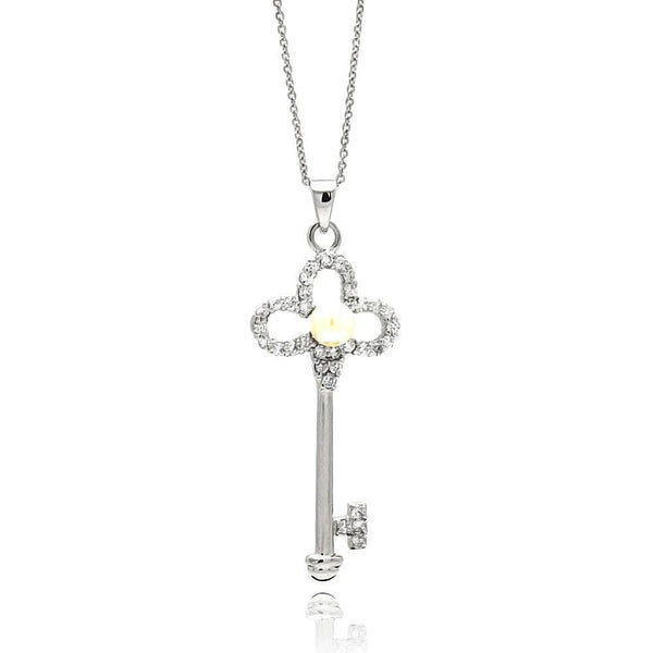 Silver 925 Rhodium Plated Open Flower Key CZ Center Pearl Necklace