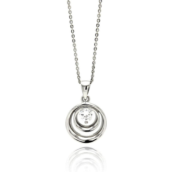 Silver 925 Rhodium Plated Double Open Circle Center CZ Necklace
