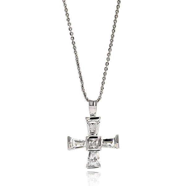 Silver 925 Rhodium Plated Cross Baguette CZ Necklace