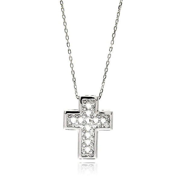 Silver 925 Rhodium Plated Cross CZ Inlay Necklace