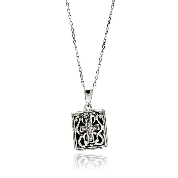 Silver 925 Rhodium Plated Square Inner Cross Black Filigree CZ Necklace