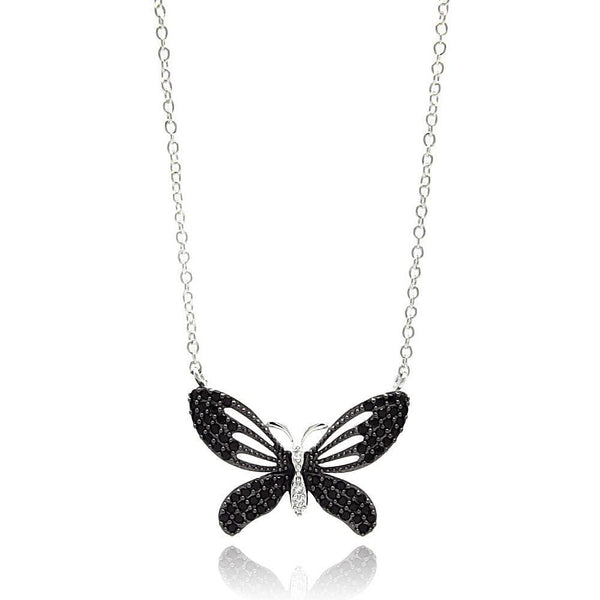 Silver 925 Rhodium Plated Black Open Butterfly CZ Necklace
