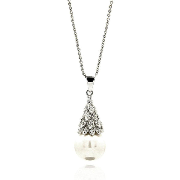 Silver 925 Rhodium Plated Multiple Tiny Leafs CZ Hanging Pearl Necklace