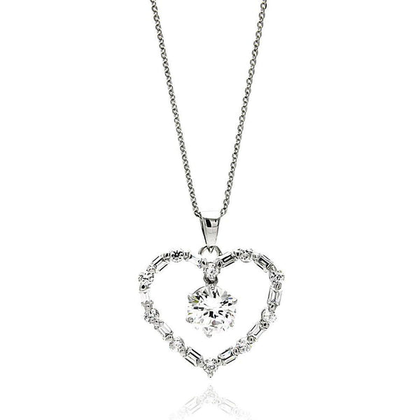 Silver 925 Rhodium Plated Open Heart Center CZ Necklace