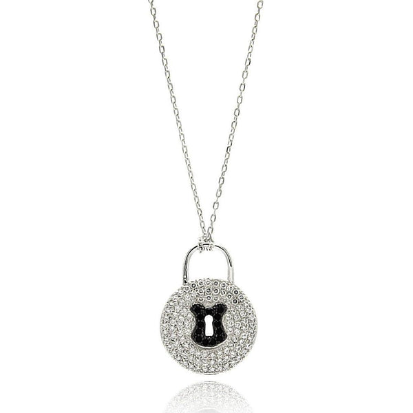 Silver 925 Rhodium Plated Black and Clear CZ Key Lock Necklace