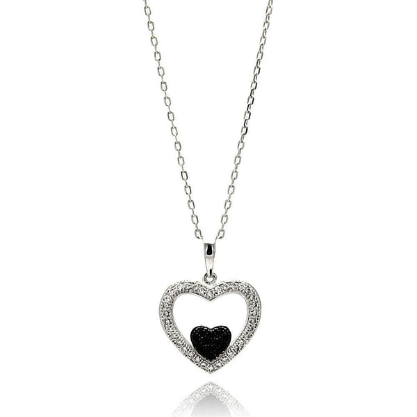 Silver 925 Rhodium Plated Open Heart Black and Clear CZ Necklace