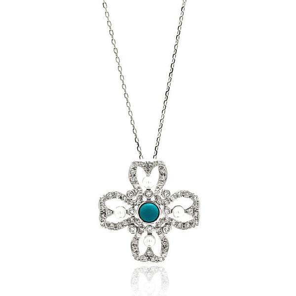 Silver 925 Rhodium Plated Open Flower Center Blue CZ Necklace