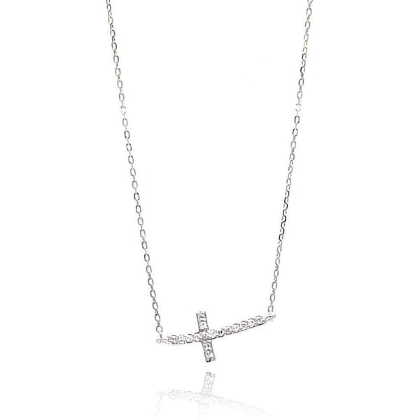 Silver 925 Rhodium Plated Sideways Cross CZ Necklace