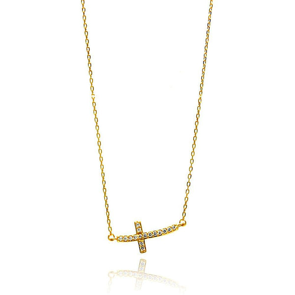 Silver 925 Gold Plated Curvy Sideways Cross CZ Necklace