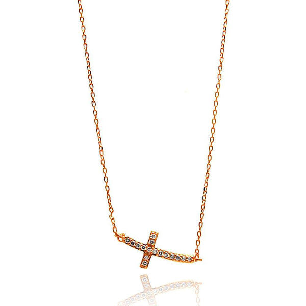 Silver 925 Rose Gold Plated Sideways Cross CZ Necklace