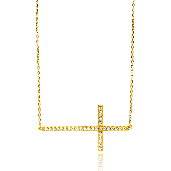 Silver 925 Gold Plated Sideways Cross Clear CZ Necklace