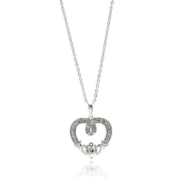Silver 925 Rhodium Plated Open Heart CZ Outline Necklace