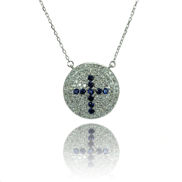 Silver 925 Rhodium Plated Disc Blue Cross CZ Inlay Necklace