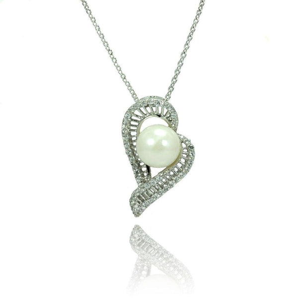 Silver 925 Rhodium Plated Micro Pave CZ Pearl Necklace