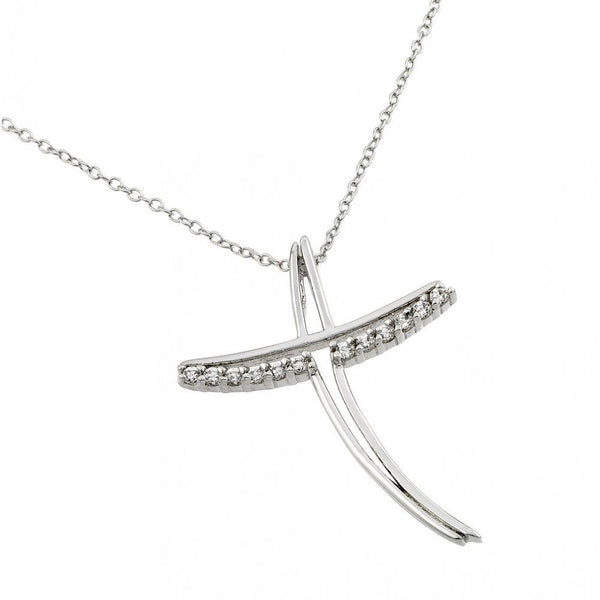 Silver 925 Rhodium Plated Clear CZ at Curved Open Cross Pendant Necklace