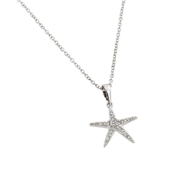 Silver 925 Rhodium Plated Clear CZ Stone Star Fish Pendant Necklace