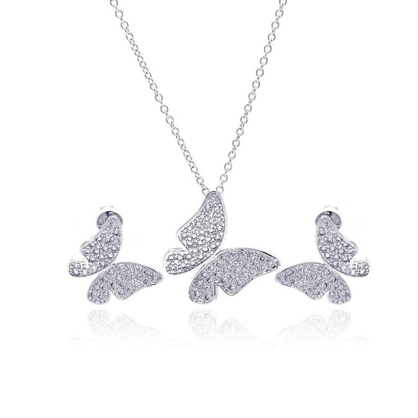 Silver 925 Rhodium Plated Clear Pave Set Butterfly CZ Stud Earring and Necklace Set
