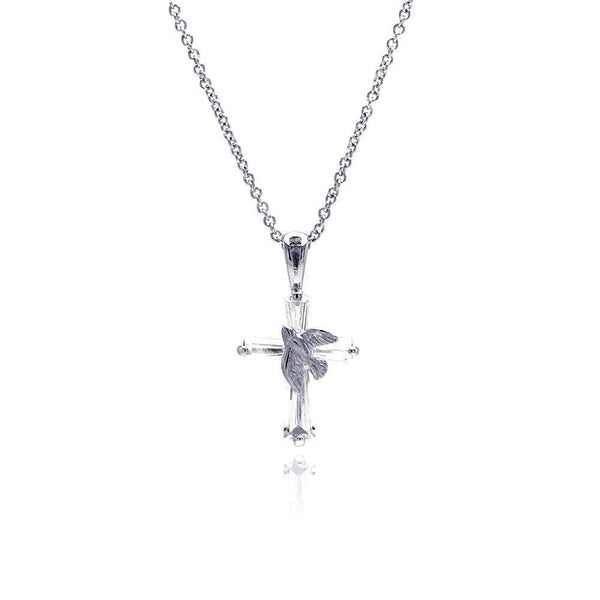 Silver 925 Rhodium Plated Cross Dove Pendant Necklace