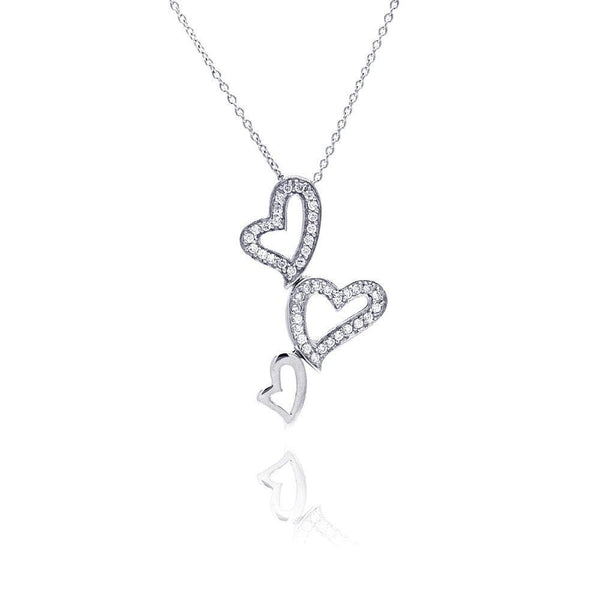 Silver 925 Clear CZ Rhodium Plated 3 Hearts Pendant Necklace