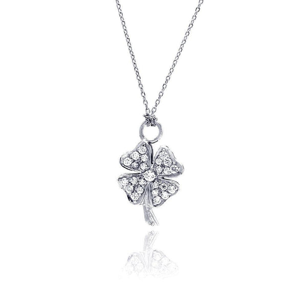 Silver 925 Clear CZ Rhodium Plated Clover Pendant Necklace