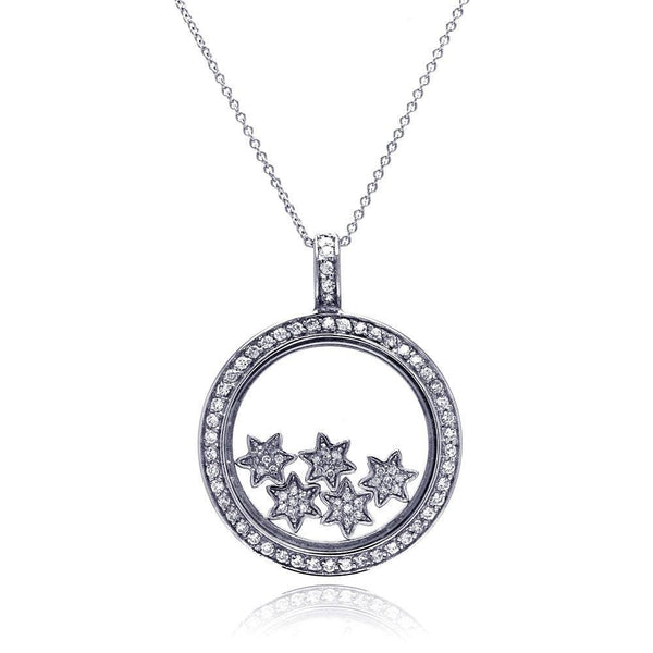 Silver 925 Clear CZ Rhodium Plated Inner Stars Pendant Necklace