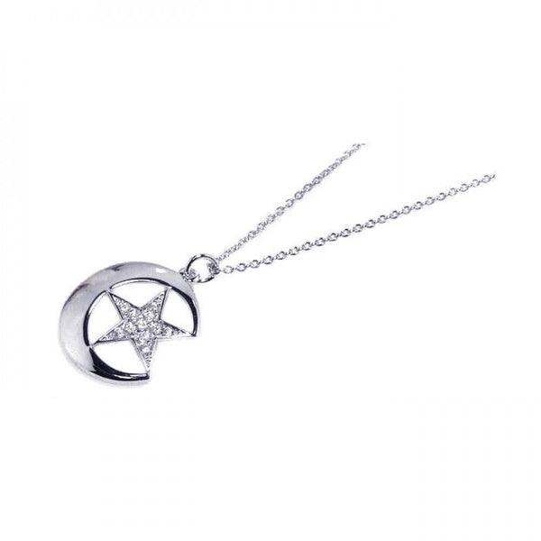Silver 925 Rhodium Plated Pave Set Clear CZ Crescent Moon Star Pendant Necklace