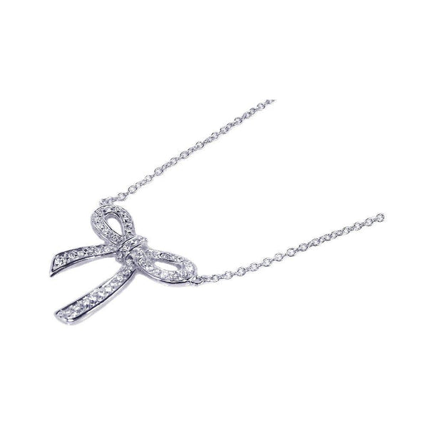 Silver 925 Rhodium Plated Bow Tie CZ Inlay Necklace