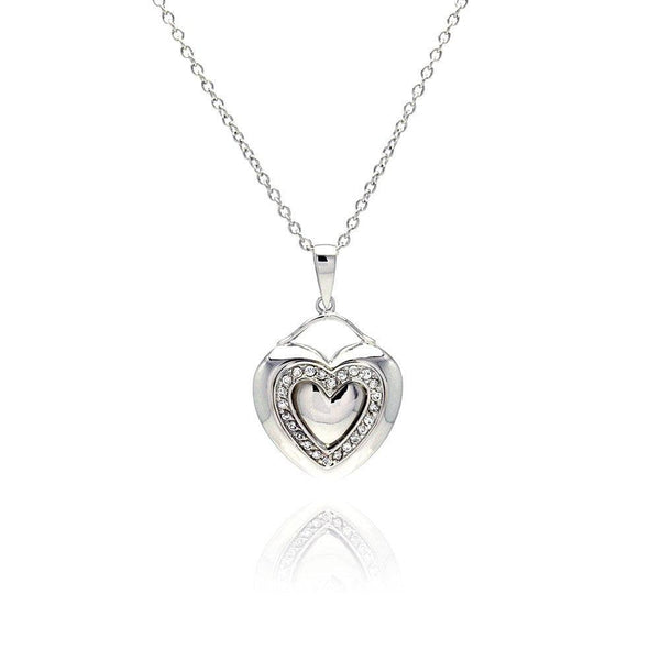Silver 925 Rhodium Plated Heart Clear CZ Inlay Dangling Necklace