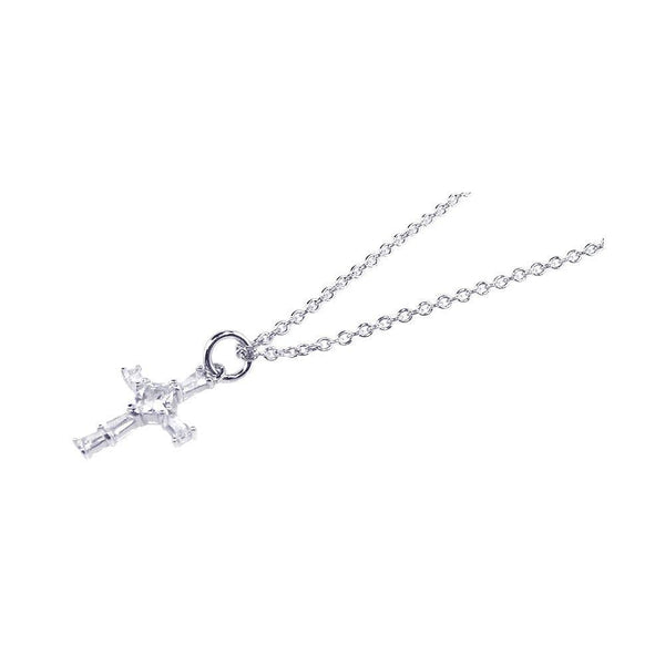 Silver 925 Rhodium Plated Cross Baguette and Square CZ Dangling Ring Necklace
