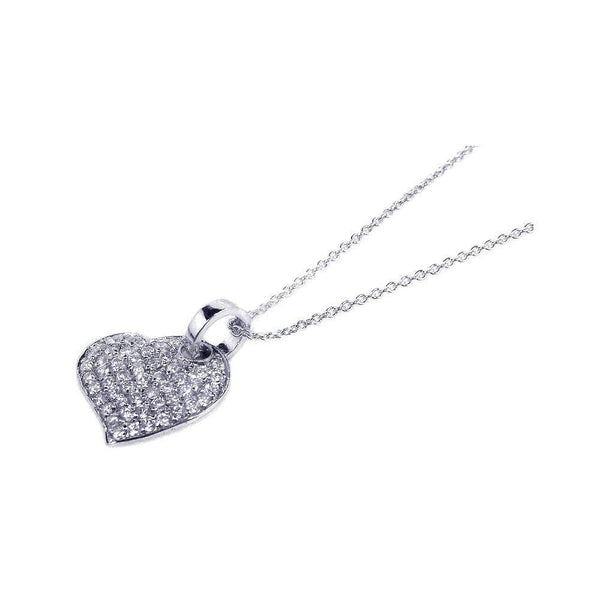Silver 925 Rhodium Plated Round Heart Clear CZ Inlay Necklace