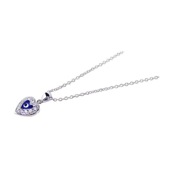 Silver 925 Rhodium Plated Clear CZ and Blue Stones Evil Eye Heart Pendant Necklace