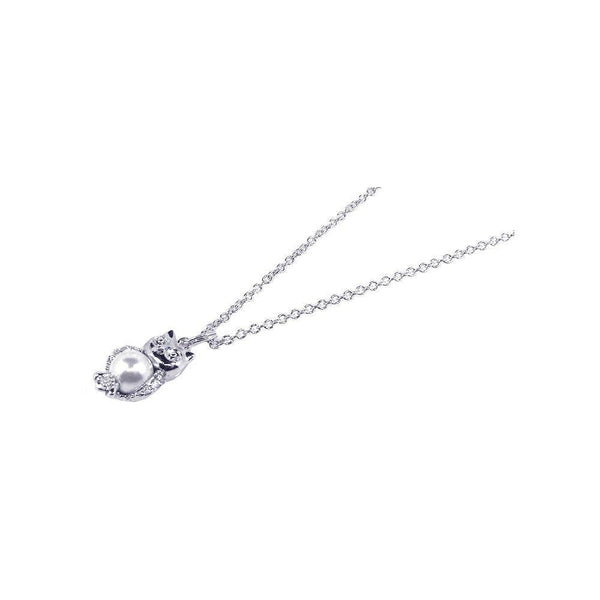 Silver 925 Rhodium Plated Pearl and CZ Owl Pendant Necklace