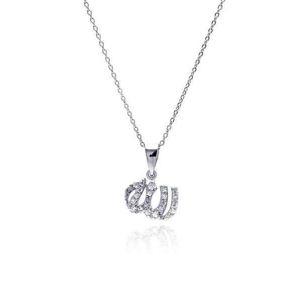Silver 925 Rhodium Plated Clear CZ Allah Pendant Necklace