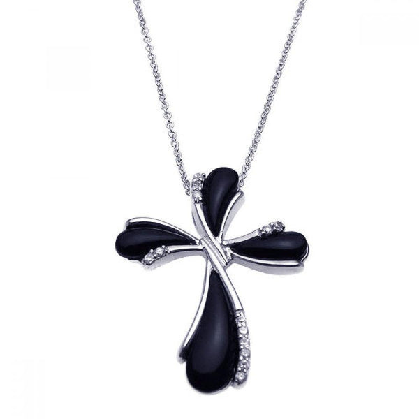 Silver 925 Rhodium Plated Clear CZ Black Pear Cross Pendant Necklace