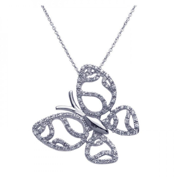 Silver 925 Rhodium Plated Clear CZ Butterfly Pendant Necklace