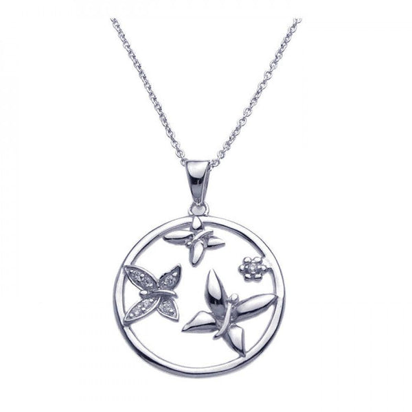 Silver 925 Rhodium Plated Clear CZ Circle Butterfly Pendant Necklace