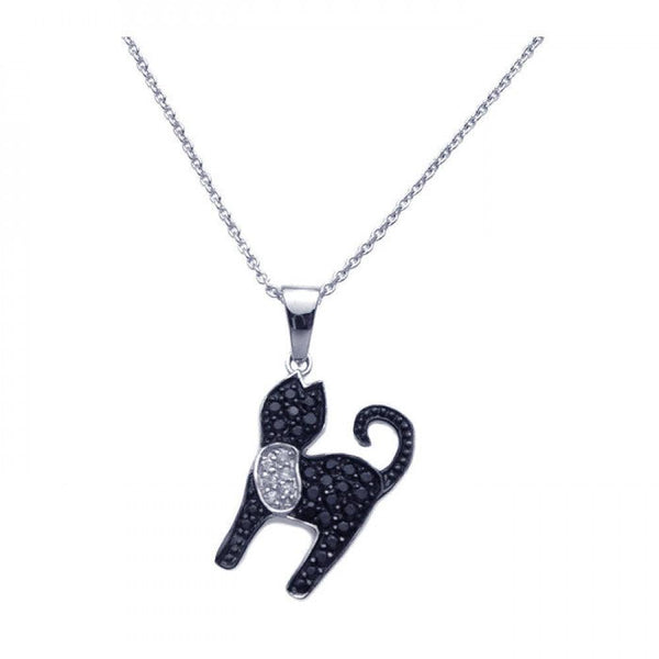 Silver 925 Black Rhodium Plated Black CZ Cat Pendant Necklace