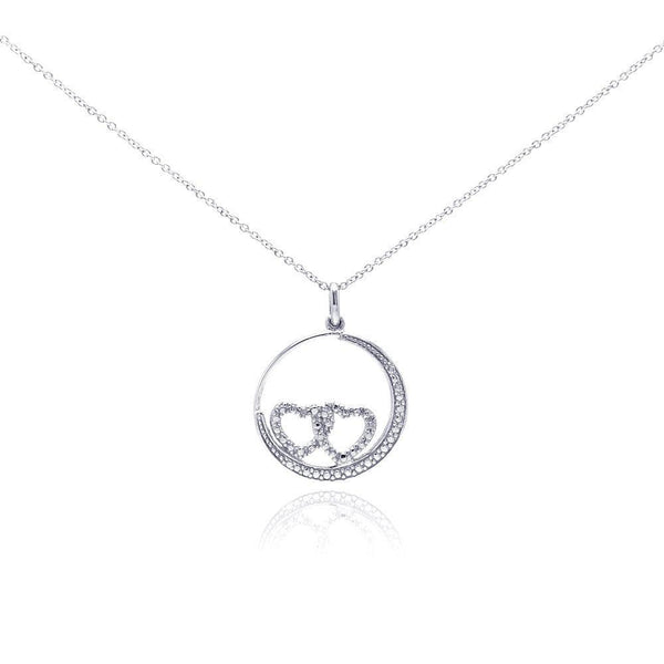 Silver 925 Rhodium Plated Clear Diamond Double Heart Circle Pendant Necklace