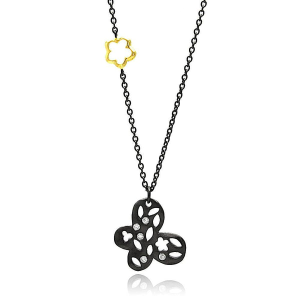 Silver 925 Black Rhodium Plated Clear CZ Butterfly Pendant Necklace
