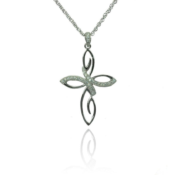 Silver 925 Rhodium Plated Clear CZ Flowery Cross Pendant Necklace