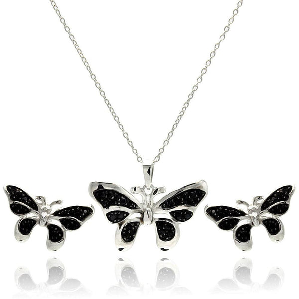 Rhodium Plated 925 Sterling Silver Black Butterfly CZ Stud Earring and Necklace Set