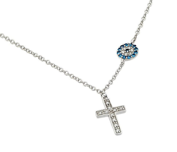 Silver 925 Rhodium Plated Clear CZ Stone Cross with Blue CZ Stone Circle Pendant Necklace