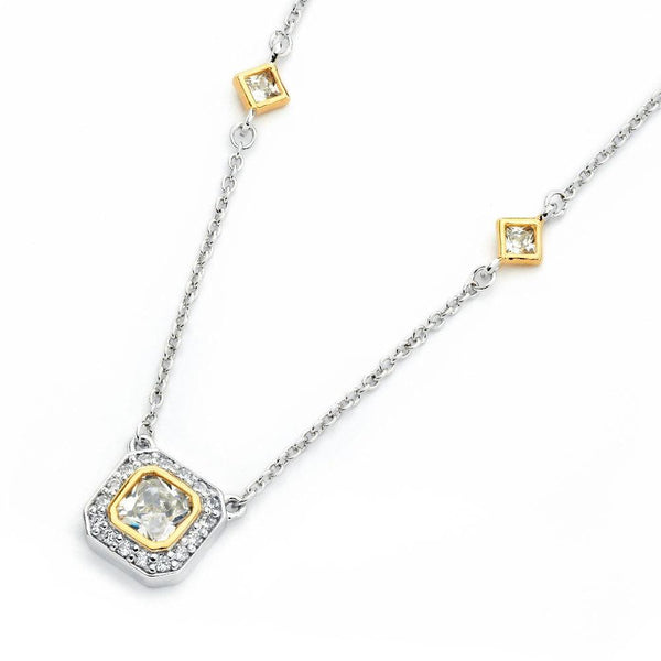 Silver 925 Rhodium Plated Square Clear and Gold CZ Necklace
