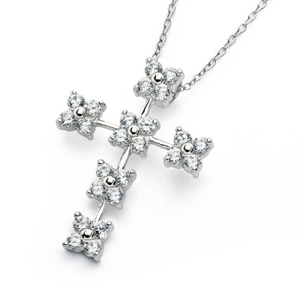 Silver 925 Rhodium Plated Clear CZ Flower Cross Pendant Necklace