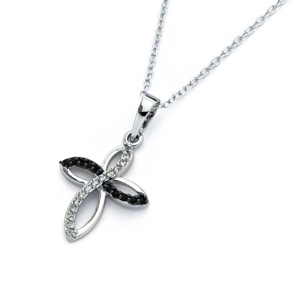 Silver 925 Rhodium Plated Black CZ Petal Cross Pendant Necklace