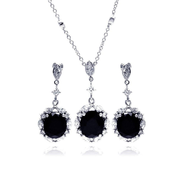 Silver 925 Rhodium Plated Black and Clear Flower CZ Dangling Stud Earring and Dangling Necklace Set