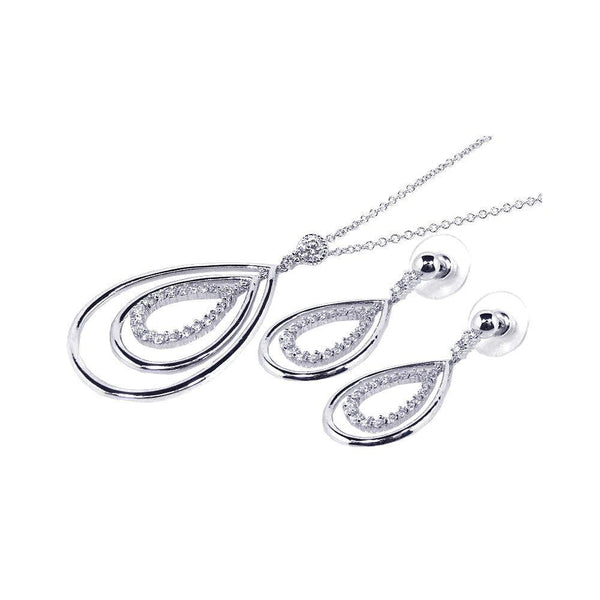 Silver 925 Rhodium Plated Clear Open Tear Drop CZ Dangling Stud Earring and Dangling Necklace Set