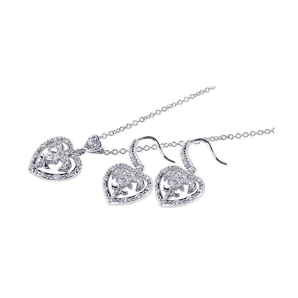Silver 925 Rhodium Plated Clear Heart Crest CZ Hook Earring and Dangling Necklace Set
