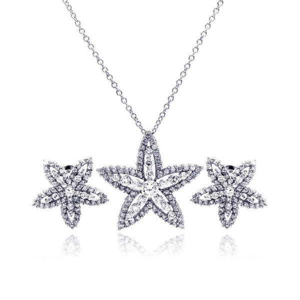 Silver 925 Rhodium Plated Clear Star Flower CZ Stud Earring and Necklace Set