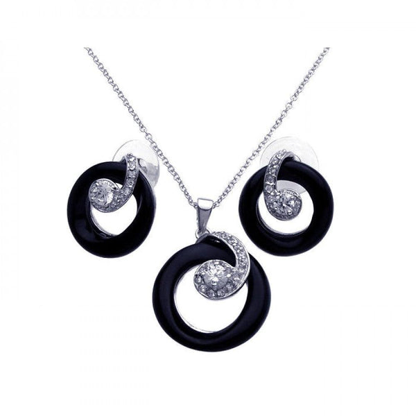Silver 925 Rhodium Plated Open Black Onyx Circle Clear CZ Stud Earring and Dangling Necklace Set
